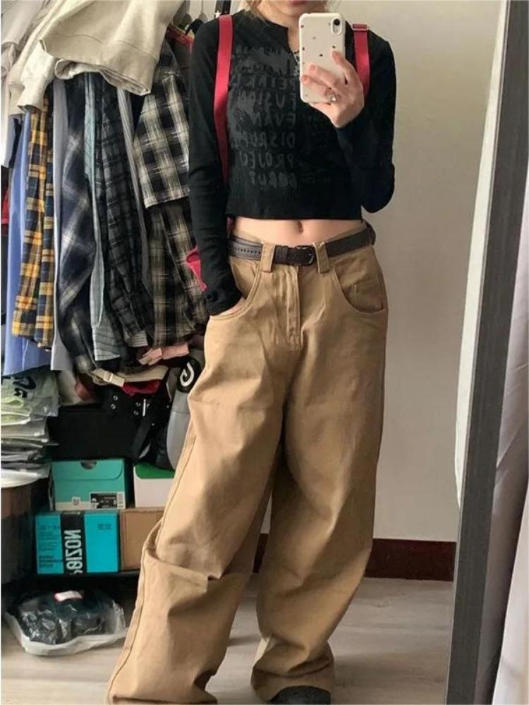 Y2k Vintage Bruine Dames Cargo Jeans Oversized Japanse 2000s Stijl Lente Broek Harajuku Koreaanse Wijde Denim Broek