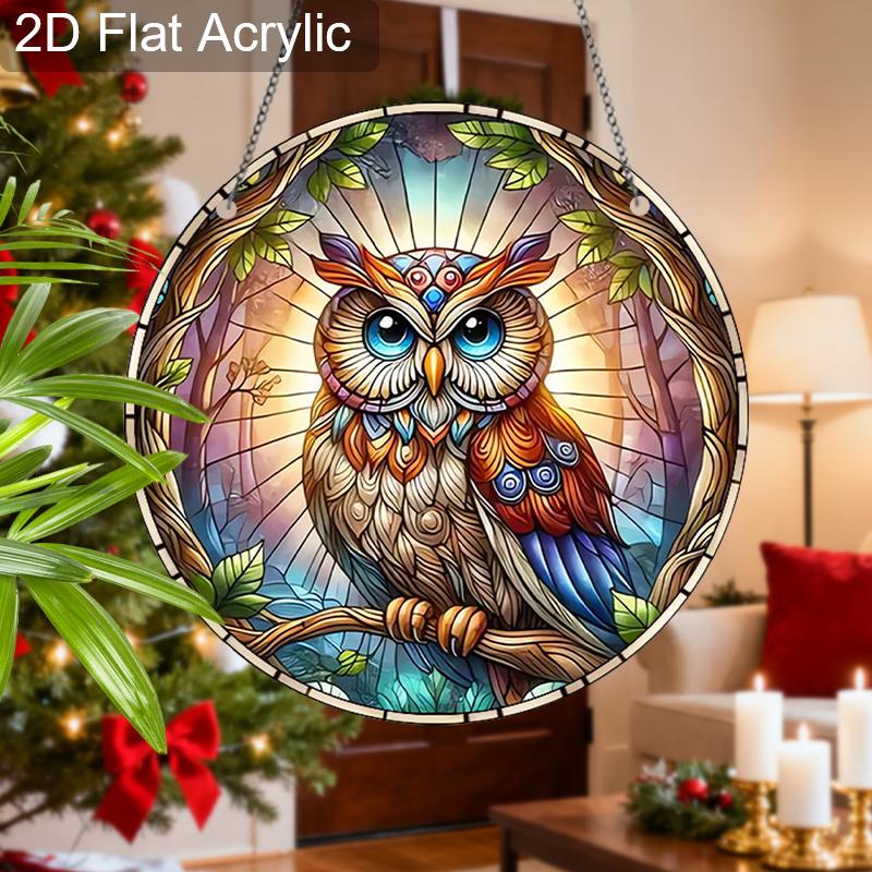 Acryl Mystischer Wald Eule Buntglas-Stil Sonnenfänger, 2D Flaches Acryl Fenster Hängeornament für Fantasy- & Natur-Liebhaber Geschenke