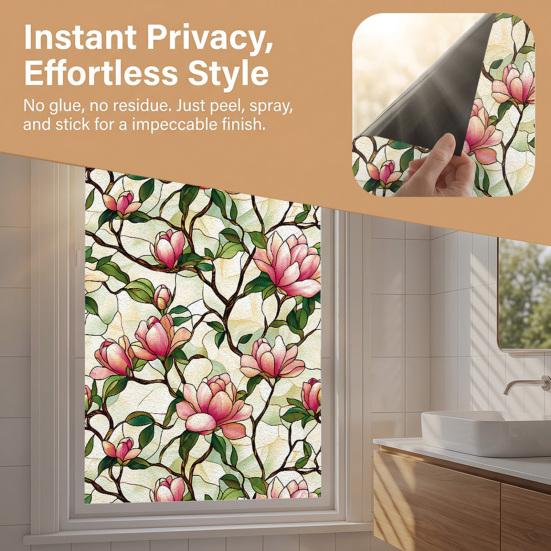 Stained Glass Privacy Window Film, Flower Window Wall Decals, UV Blocking Tearable Floral Window Stickers for Bedroom Living Room Office Decor