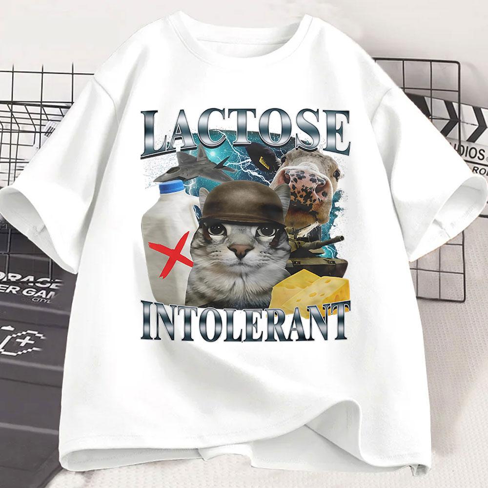 Lactose Intolerant Funny Cat Meme Print TShirt Women Retro Fashion Short Sleeve Tshirts Casual Summer Women Clothing