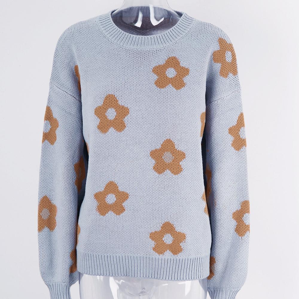 Autumn and Winter Women's Sweater Flower Long Sleeve Round Neck Knitwear Printed Sweater