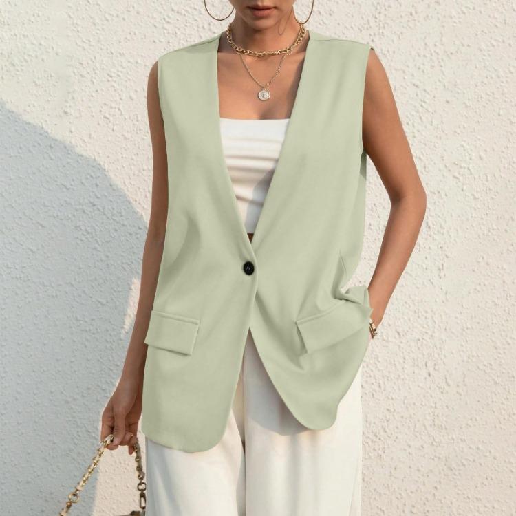 Women's Casual Summer Work Suit Vest Sleeveless V Neck Single Button Solid Color Jacket