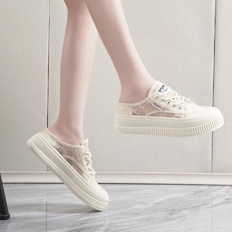 Fashion New Hollow Lace Shell Top Breathable Casual Half Drag Mesh Slippers European and American Style One Foot Slip Women's Lazy Shoes