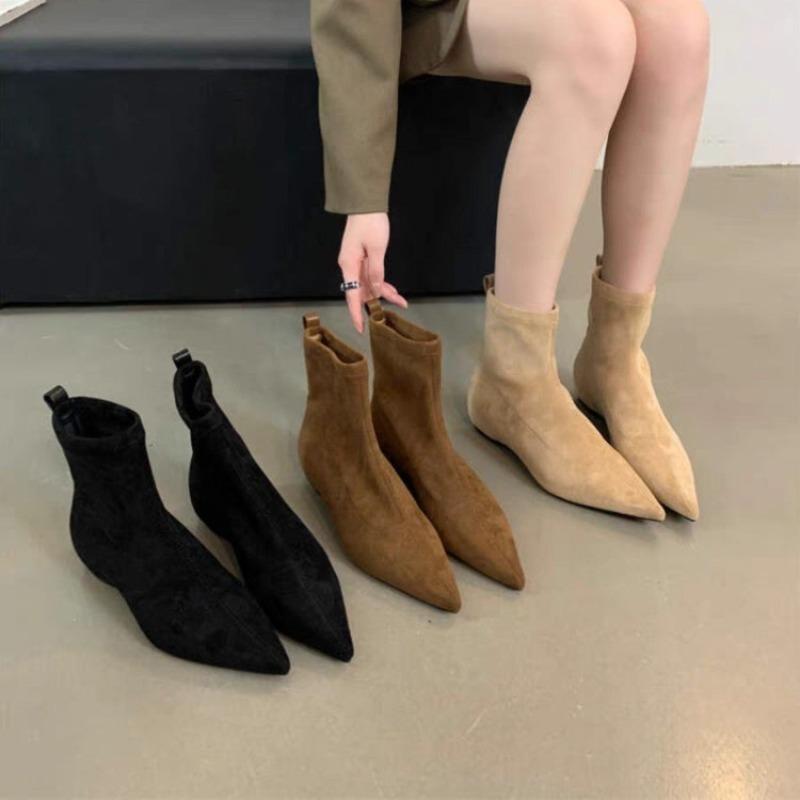 Fashion 2025 Autumn and Winter New Simple Matte Suede Flat Sole Flat Heel Skinny Boots Temperament Pointed Toe Mid-leg Boots