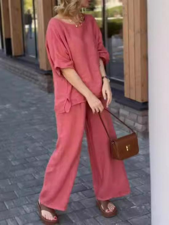 European & American 2025 Fall Women's Cotton Linen Solid Color Loose Casual Two-Piece Pant Suit