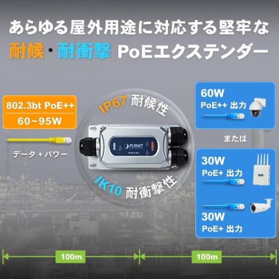 Industrial To Gigabit PoE Extender PLANET-IPOE-E302 1-port 802.3bt PoE++ 2-port 802.3at