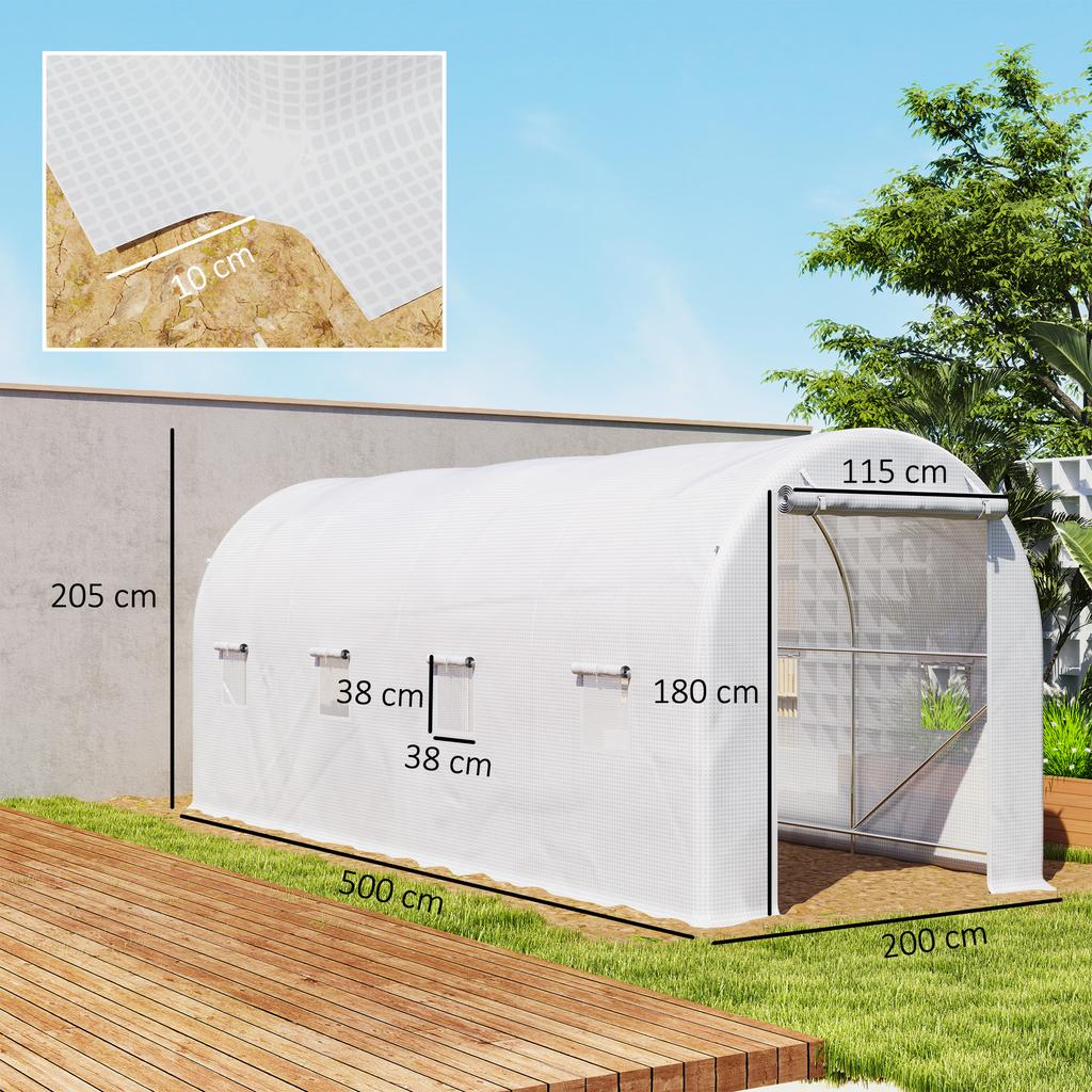 Tunnel Greenhouse 500x200x205 cm Garden Greenhouse with Roll-Up Door and 8 Windows PE Cover 140 g/m² White