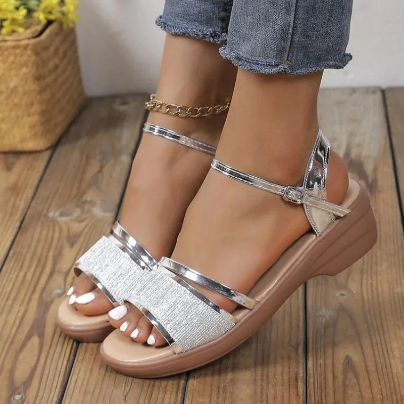 Gold Silver Platform Sandals Women 2025 Summer Thick Heeled Wedges Sandals Woman Plus Size 43 Ankle Strap Gladiator Sandalias