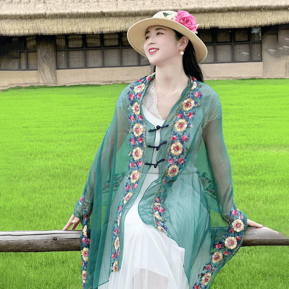 Retro Sunscreen Buckle Shawl Beach Scarf New Chinese Style Thin Ethnic Scarf Temperament Cotton Linen Scarf Headscarf