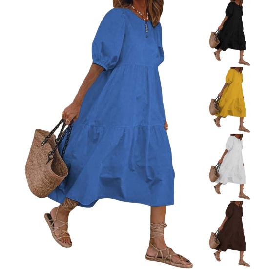 Yousheng Women's Summer Midi Dress Short Lantern Sleeves Crew Neck Linen Dress Loose Casual Boho Beach Sundress