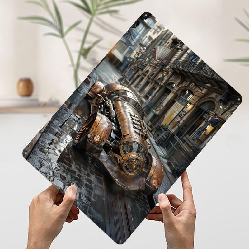 Voiture Steampunk dans la Ville Affiche en Tôle Art Mural Personnalisé Panneaux Métalliques Vintage Plaque en Étain Rétro pour Décoration de Chambre à Coucher Gaming