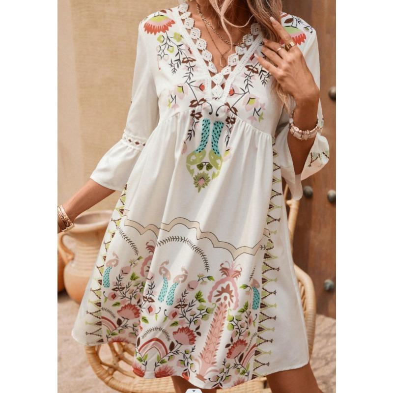 GMXIA Women's Summer V-neck Lace Splicing Casual Peplum Printed Dresses