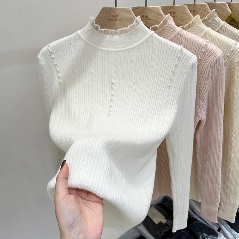Autumn and Winter New Semi-turtleneck Knitted Bottoming Shirt Top Women's Twist Pearl Fashion Slim and Thin Inner Sweater