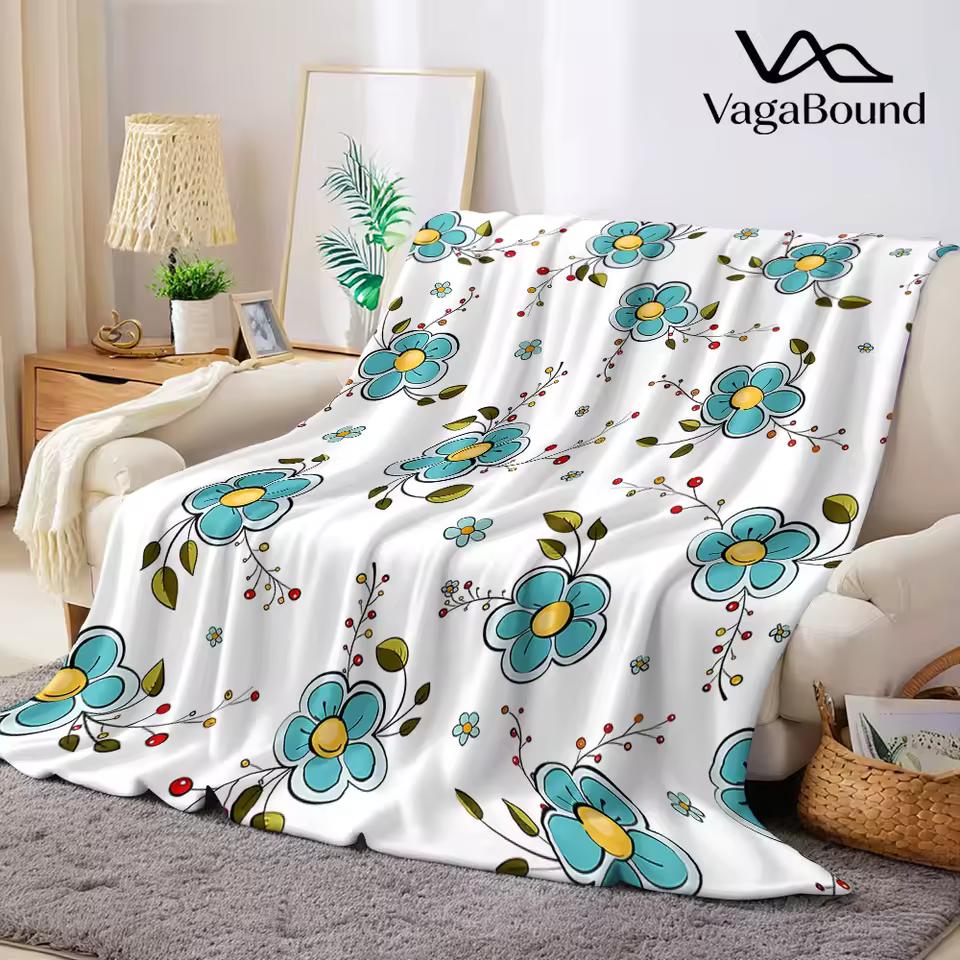 Teal Cartoon Flower Branch Flannel Blanket Warm Soft Halloween Christmas Decorative Couch Warm Cozy All-Season Gift