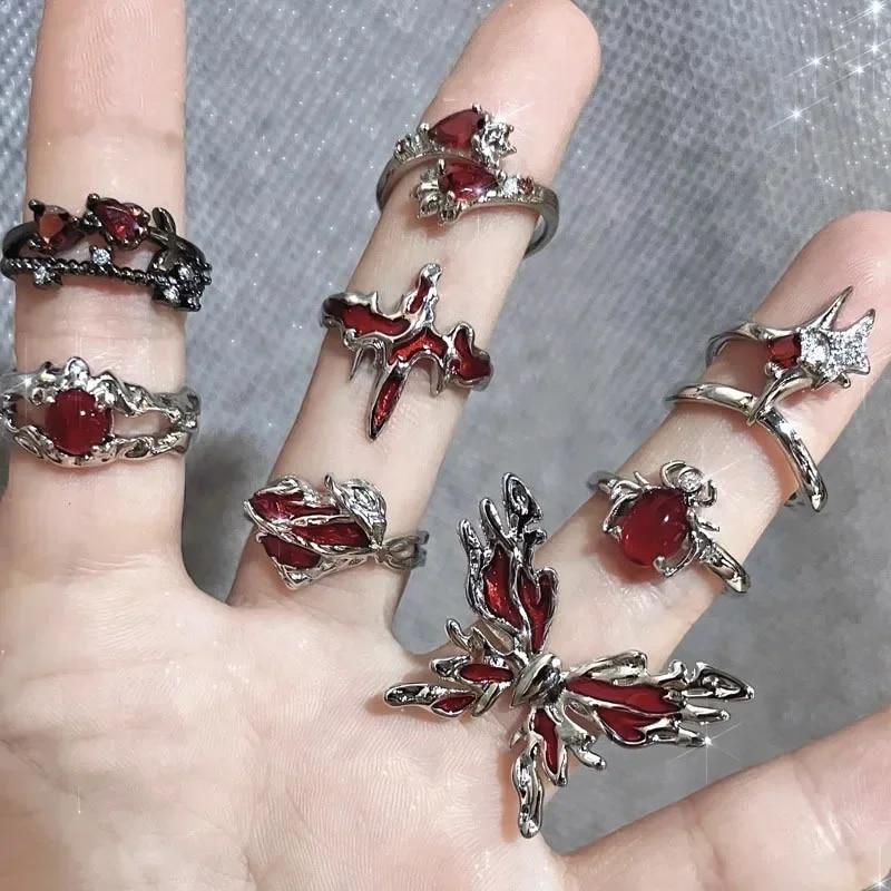 New Irregular Red Crystal Glass Heart Aesthetic Rings for Women Y2K Gothic Animal Spider Ring Creative Jewelry