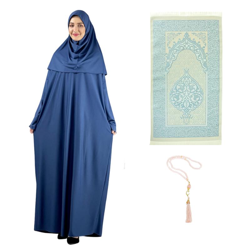 Dámské modlitební šaty s hidžábem, kobereček, tasbih, muslimská sada, islámské oblečení, abája, džilbáb, dubajský kaftan pro Eid, Ramadan