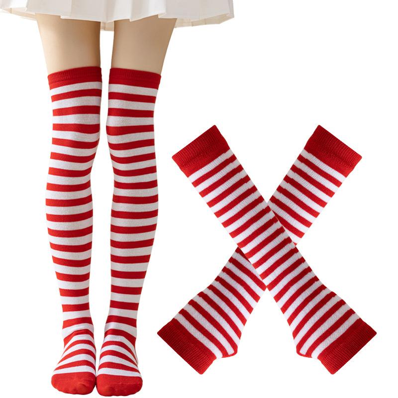 1 Set Women Girls Over Knee Long Stripe Printed Thigh High Cotton Socks Arm Sleeve Gothic Harajuku Gloves Sweet Cute Socks