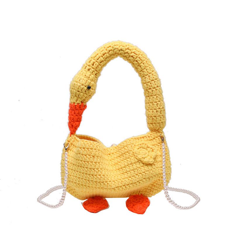 Knitted Woolen White Goose Handbag With Shoulder Strap For Casual Day Use
