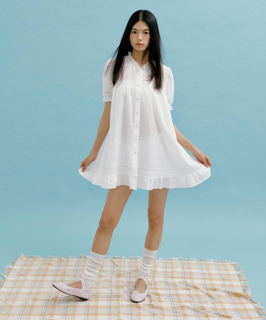 Lucirju Cotton Lace Frill Mini Dress (Ivory)