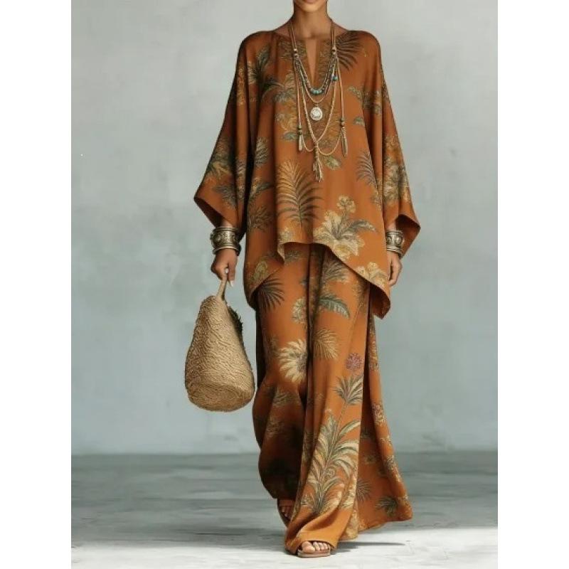 New Round Neck Bat Sleeve Printed Loose Set Bohemian Lazy Casual Two-piece Set