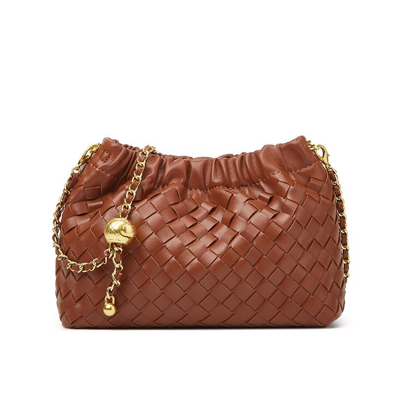 Gold Ball Chain Woven Bag - Fashionable Cross-body Bag with Shoulder Strap and Pleated Cloud-shaped Design.