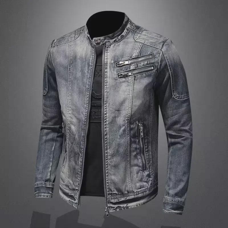Veste de moto en denim rétro slim fit de style européen pour homme