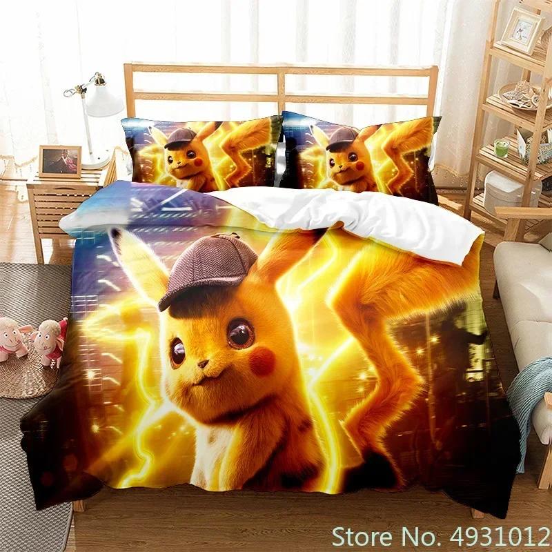 Set Biancheria da Letto 3D Anime Pikachu Copripiumino Coperta Federa Matrimoniale Queen King Size Bambino Bambini Camera da Letto Tessile per la Casa