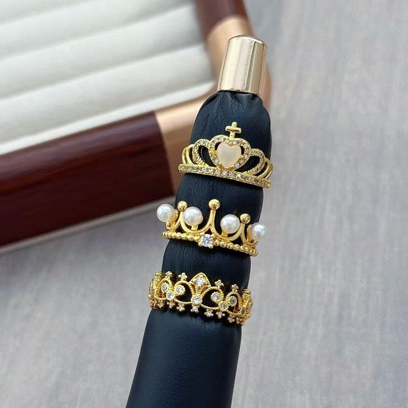 Medieval Vintage Light Luxury Crown Bead Open Ring Zircon Exquisite French Retro Court Style Index Finger Ring