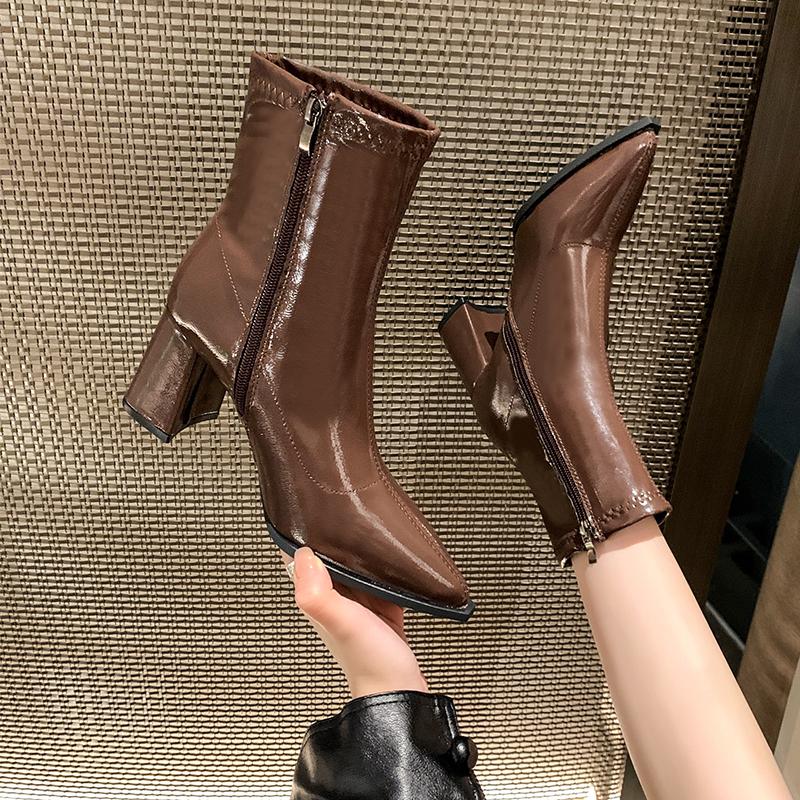 Jesienne damskie buty na obcasie Zimowe Plus aksamitne grube buty do kostki dla kobiet Wysokie obcasy Sukienka Casualowe damskie buty typu Chelsea