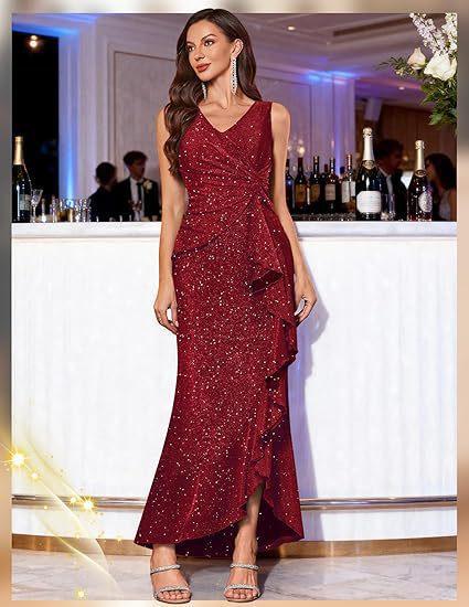 Neues sexy V-Ausschnitt-Kleid, Pailletten-Schlitz-Abendkleid, Dinnerparty