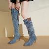 Módní džínové dlouhé boty Dámské kozačky pod kolena Novinka 2024 Podzim Zima Vysoké podpatky Retro Western Hot Girl Kovbojské boty Lady Modern Boot Botas