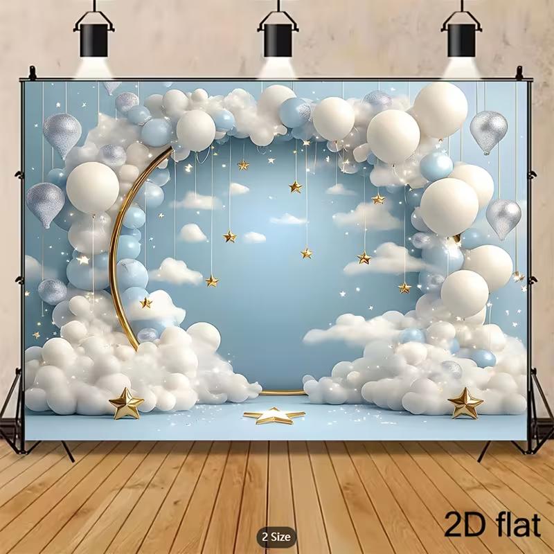 2D Nachthimmel mit Sternen, Weißer Ballon Babyparty Hintergrund