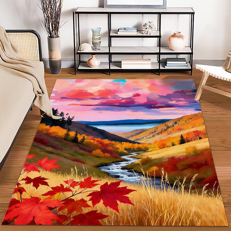 Autumn Landscape Carpet with Red Maple Leaves and Mountain Stream Suitable for Use As an Anti-slip for Living Room Bedroom Sofas
