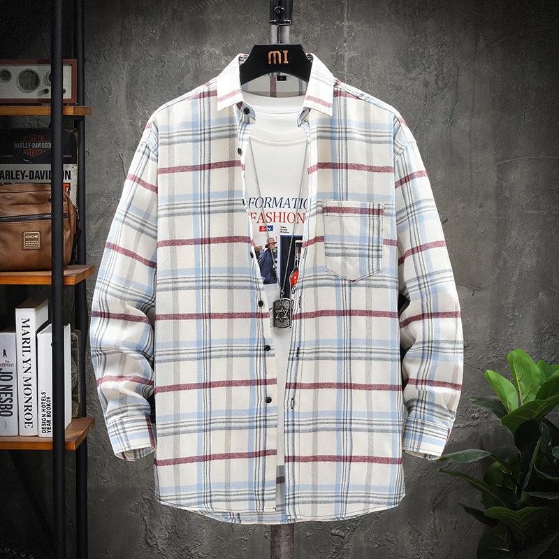 Chemise à carreaux à manches longues pour homme, style Hong Kong, décontractée, ample, à revers