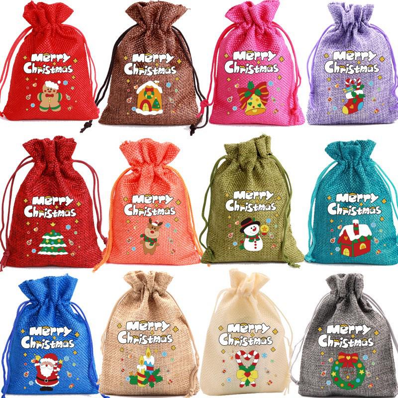 Christmas Hessian Gift Bags with Drawstring for Small Gifts, Candy & Apples