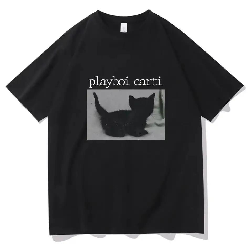 Playboi Carti Oversized Hip-Hop T Shirts Cute Cat Harajuku Print Tee Regular Mens Tops Quality Rapper Tshirt