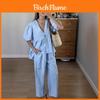 French Sweet Style Solid Vneck Bubble Sleeve Pantsuit With Tie For Summer Casual Wear