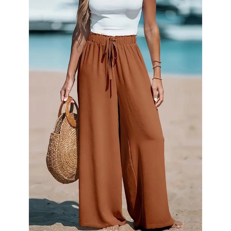 Vacation Style Wide Leg Pants Women's High Waist Elastic Drawstring Design Loose Dipping Straight Casual Beach Pants