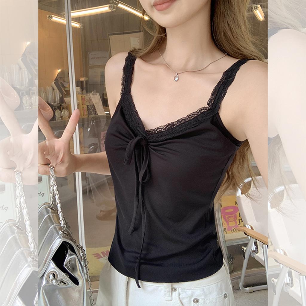 Pure Desire Black Lace Strap Sling Vest Women's Summer New Inner and Outer Wear Sweet Spice Sexy Top