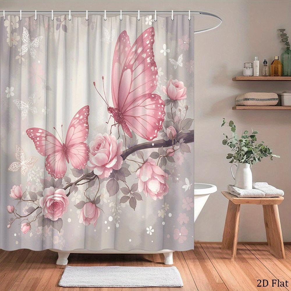 Pink Butterfly Rose Flower Shower Curtain Machine Washable All Season Waterproof Privacy Protection Romantic Design Elegant