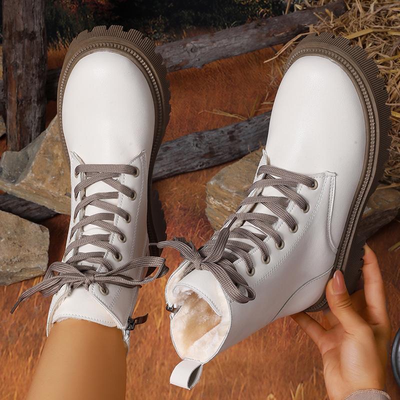 Fashion Autumn Winter Short Plush Ankle Boots Women Fashion Lace Up Pu Leather Platform Boots Woman Thick Sole Motorcycle Botas Mujer 42