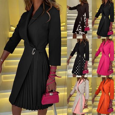Women's V Neck Tie Waist 3/4 Sleeves Pleated Solid Color & Print Dress
