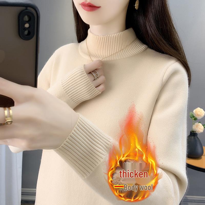 2025 Women's Plus Velvet Knit Sweater: Warm Half-High Collar Base Layer for Autumn/Winter
