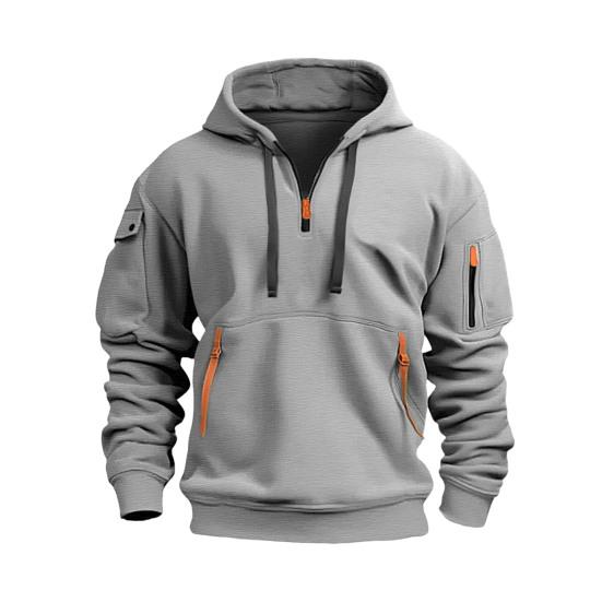 Autumn Men Hoodie Hooded Drawstring Half Zipper Pockets Elastic Cuffs And Hem Pullover Sport Fitness Travel School Top
