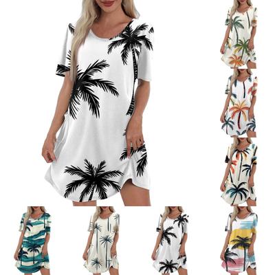 Women's Casual Fashion V-Neck Short Sleeve Hawaiian Print Pocket Dress