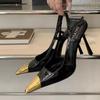 Fashion Women's Fashion Stiletto Sandals Spring New Metal Pointed Head Shallow Mouth Word with Anti-slip Wear-resistant High Heels