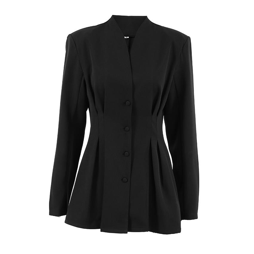 Women's Black Pleated V-Neck Fitted Blazer
