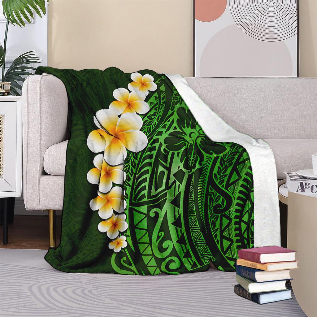 Green Polynesian Pattern Blanket for Sofa Bed Travel Camping Living Room Office Conditioning Blanket for All Seasons Gifts