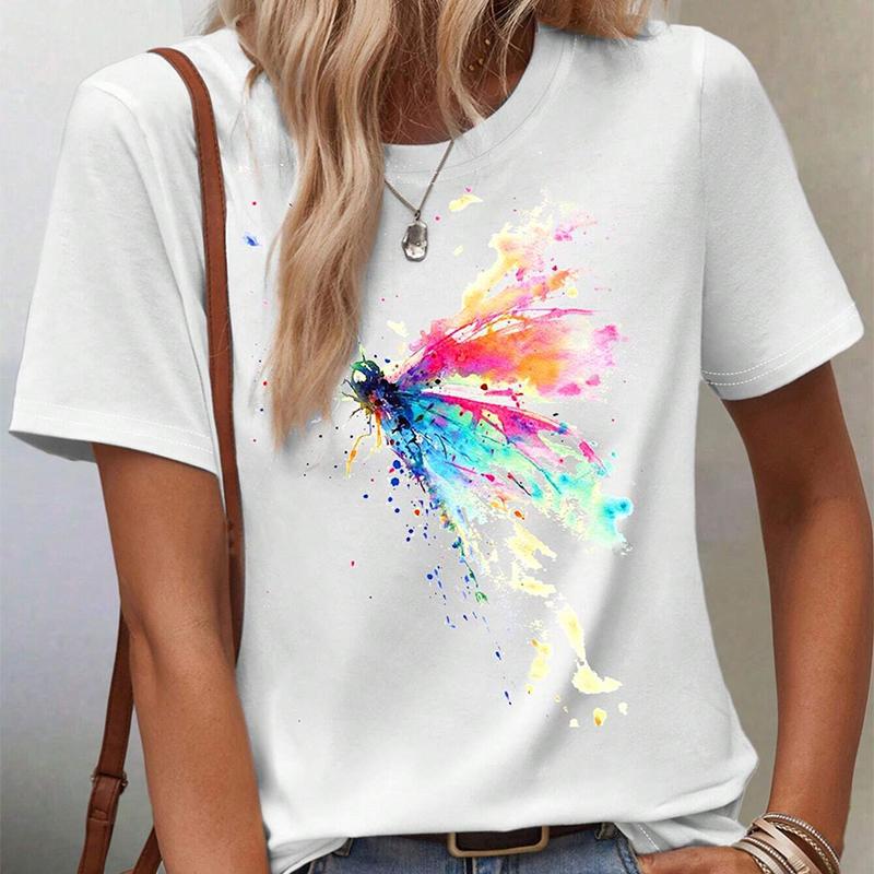 Fashion Women Creative Colorful Pigment Butterfly Print T Shirt Funny Casual O-neck Short Sleeves T-shirt Summer Female Tee Shirt