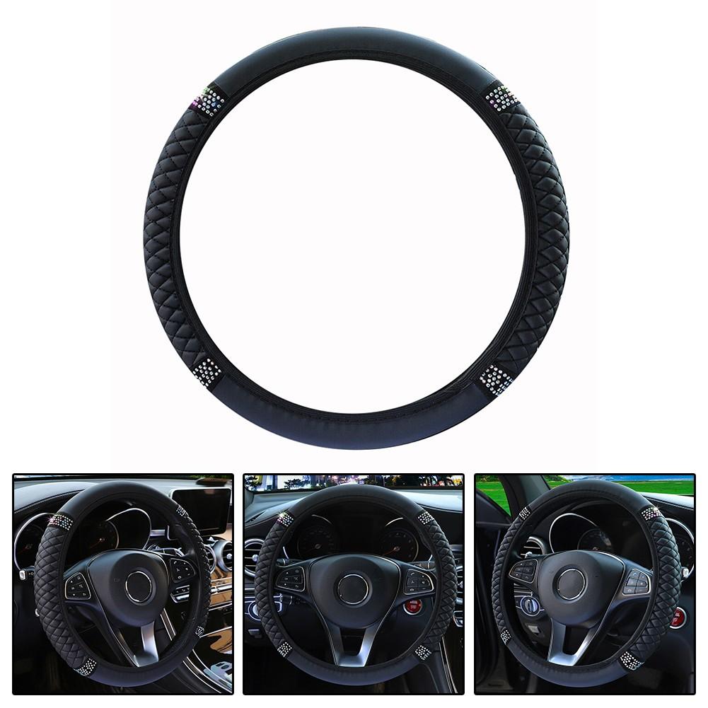 Black PU Leather Diamond Car Steering Wheel Cover Protector 15\/38cm Accessories